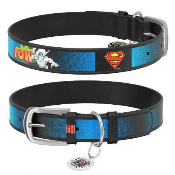 Waudog Collar QR Pasaportlu Deri Köpek Boyun Tasması, Siyah, Superman2 Desenli, W 12 mm, L 18-24 cm
