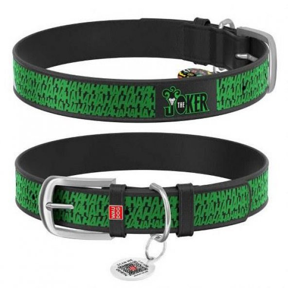 Waudog Collar QR Pasaportlu Deri Köpek Boyun Tasması, Siyah, Joker Desenli, W 12 mm, L 18-24 cm