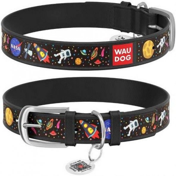 Waudog Collar QR Pasaportlu Köpek Boyun Tasması, Siyah, 27-36 CM, Nasa Desenli