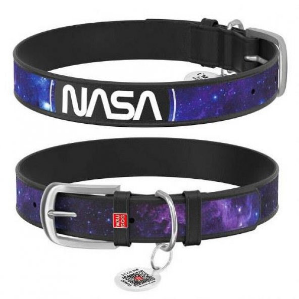 Waudog Collar QR Pasaportlu Deri Köpek Boyun Tasması, Siyah, NASA21 Desenli, XS, W 15 mm, L 27-36 cm