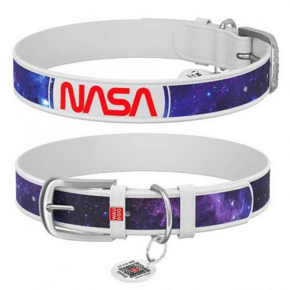 Waudog Collar QR Pasaportlu Deri Köpek Boyun Tasması, Beyaz, NASA21 Desenli, XS, W 15 mm, L 27-36 cm