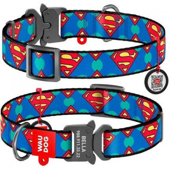 Waudog Collar QR Pasaportlu Köpek Boyun Tasması 24-40 CM, 20 MM, Superman Desenli Metal Tokalı