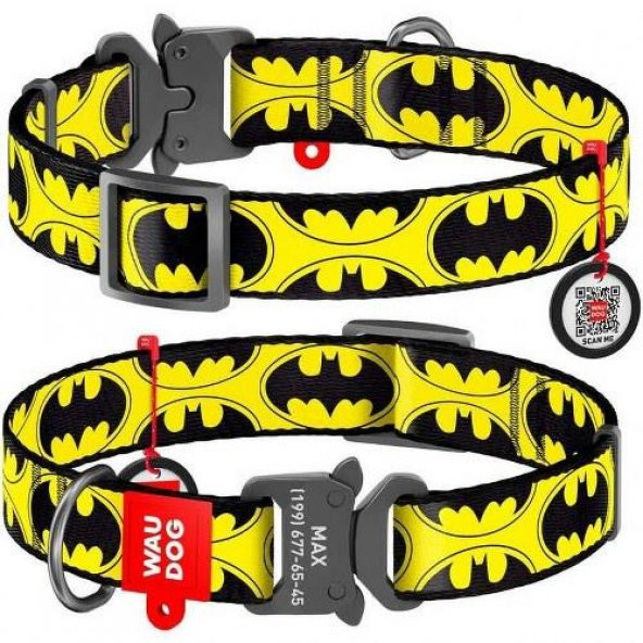 Waudog Collar QR Pasaportlu Köpek Boyun Tasması 24-40 CM, 20 MM, Batman2 Desenli Metal Tokalı