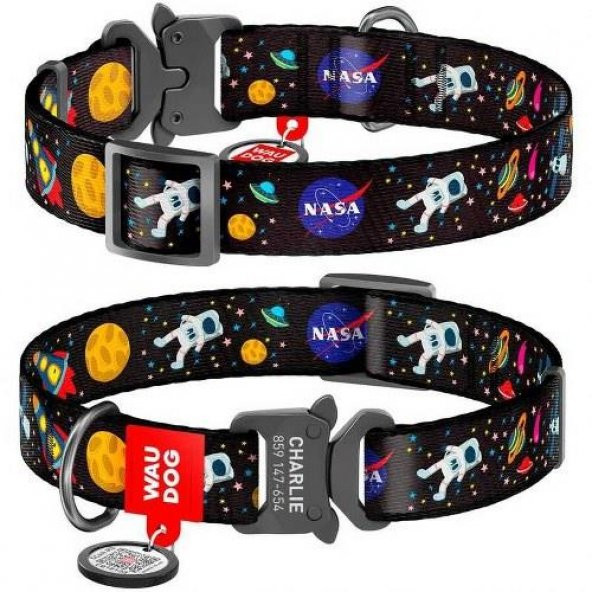 Waudog Collar QR Pasaportlu Köpek Boyun Tasması, NASA Desenli, W 25 mm, L 31-49 cm