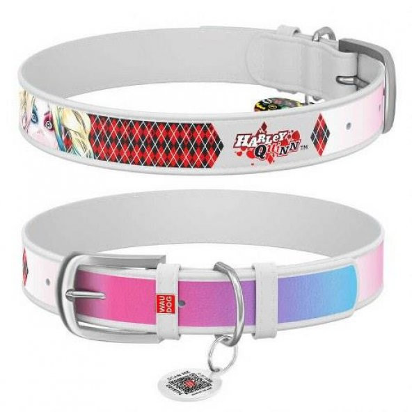 Waudog Collar QR Pasaportlu Deri Köpek Boyun Tasması, Beyaz , Harley Quinn Desenli, W 15 mm, L 26-35 cm