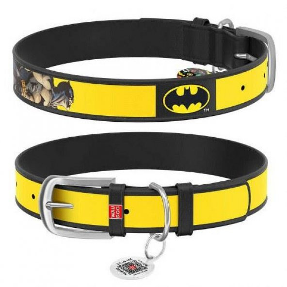 Waudog Collar QR Pasaportlu Deri Köpek Boyun Tasması, Siyah , Batman2 Desenli,  W 20 mm, L 29-38 cm