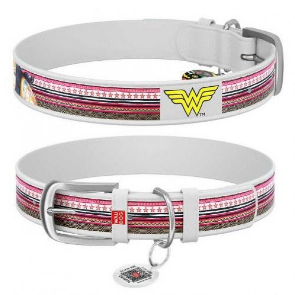 Waudog Collar QR Pasaportlu Deri Köpek Boyun Tasması, Beyaz , Wonder Woman Desenli,  W 20 mm, L 29-38 cm