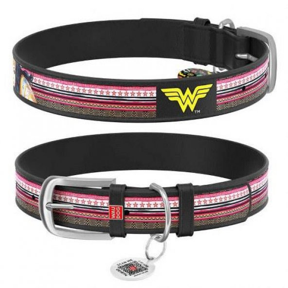 Waudog Collar QR Pasaportlu Deri Köpek Boyun Tasması, Siyah , Wonder Woman Desenli,  W 20 mm, L 29-38 cm