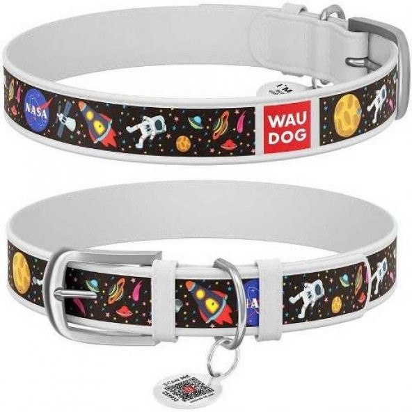 Waudog Collar QR Pasaportlu Deri Köpek Boyun Tasması, Beyaz, 38-49 CM, Nasa Desenli