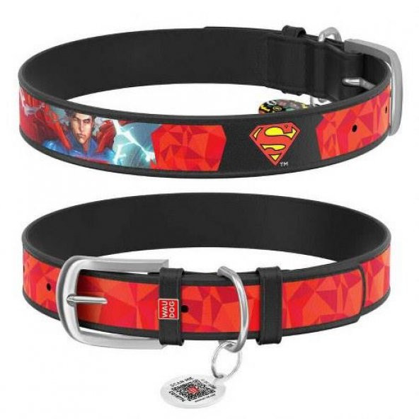 Waudog Collar QR Pasaportlu Deri Köpek Boyun Tasması, Siyah, 38-49 CM, Superman2 Desenli