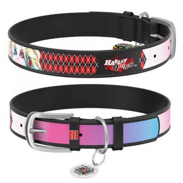 Waudog Collar QR Pasaportlu Deri Köpek Boyun Tasması, Siyah, 38-49 CM, Harley Quinn Desenli