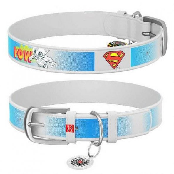 Waudog Collar QR Pasaportlu Deri Köpek Boyun Tasması, Siyah , 38-49 CM, Superman Desenli