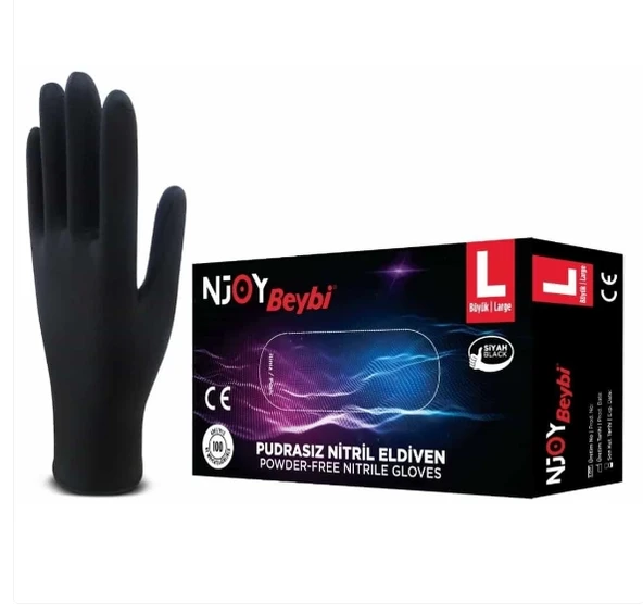 Beybi Pudrasız Siyah Nitril Medikal Muayene Eldiveni ( L ) 100 Adet