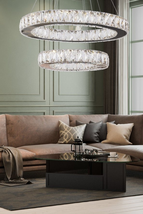 KRİSTAL 2 KATLI YUVARLAK LEDLİ AVİZE - Yatak Odası - Salon - Oturma Odası - Resepsiyon ürün görseli