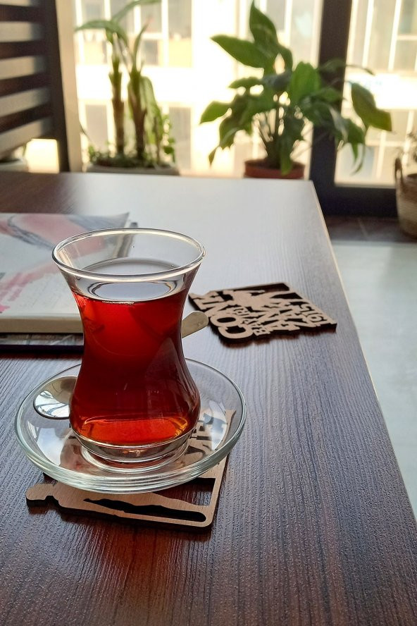 Desen Kesimli Ahşap Bardak Altlığı, Kahve Bardak Altlığı 6lı Takım , Coffe Time -0122