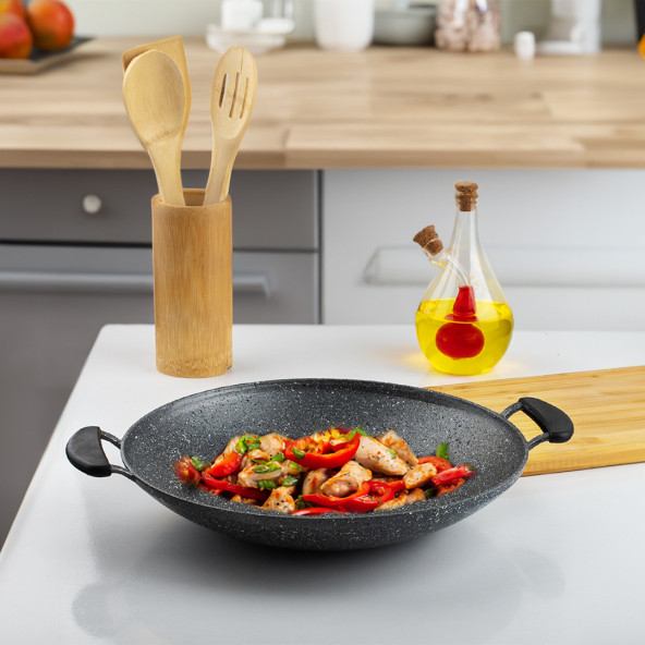 Oms 3228 Silikon Kulplu Granit Sac Kavurma Tavası - Çift Taraflı Cam Kapaklı Gözleme Sac Tava 30 cm