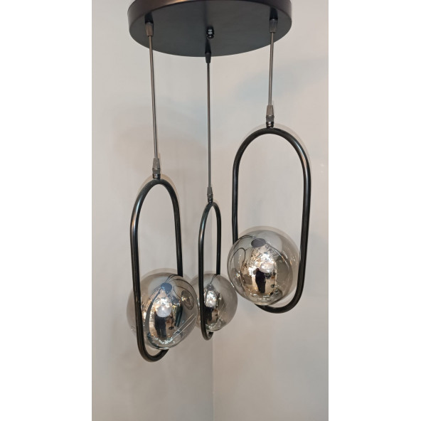 SİYAH METAL FÜME GLOB CAMLI SARKIT AVİZE 3'LÜ - 2