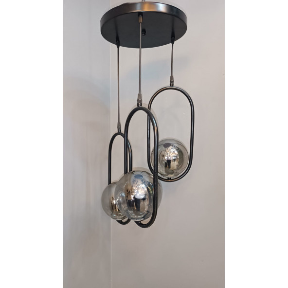 SİYAH METAL FÜME GLOB CAMLI SARKIT AVİZE 3'LÜ - 3