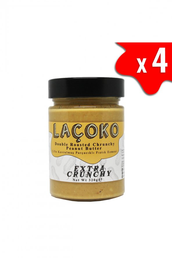 Laçoko Şekersiz Katkısız Glutensiz Vegan Doğal Çifte Kavrulmuş Parçacıklı Yer Fıstığı Ezmesi 4 x 320 G