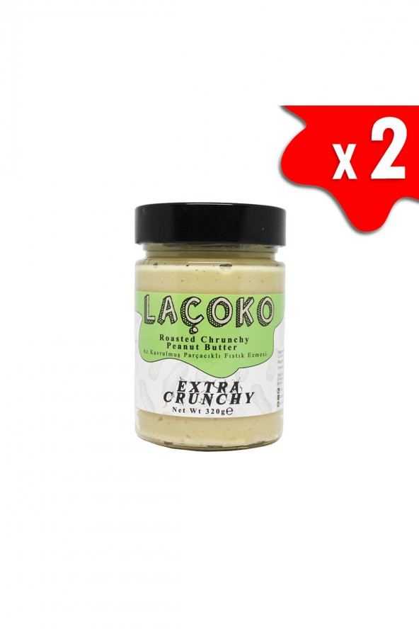 Laçoko Şekersiz Katkısız Glutensiz Vegan Az Kavrulmuş Çiğ Parçacıklı Extra Crunchy Fıstık Ezmesi 2 x 320 G