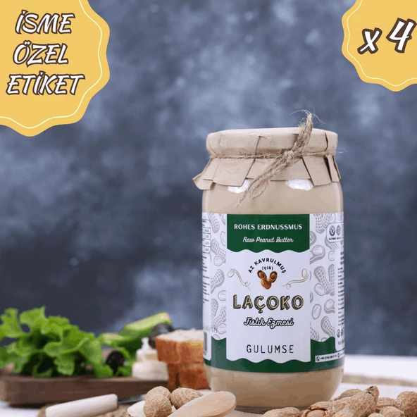 LAÇOKO 4Kg İsme Özel Şekersiz,Saf,Katkısız,Glutensiz,Vegan,Doğal Az Kavrulmuş(Çiğ) Fıstık Ezmesi