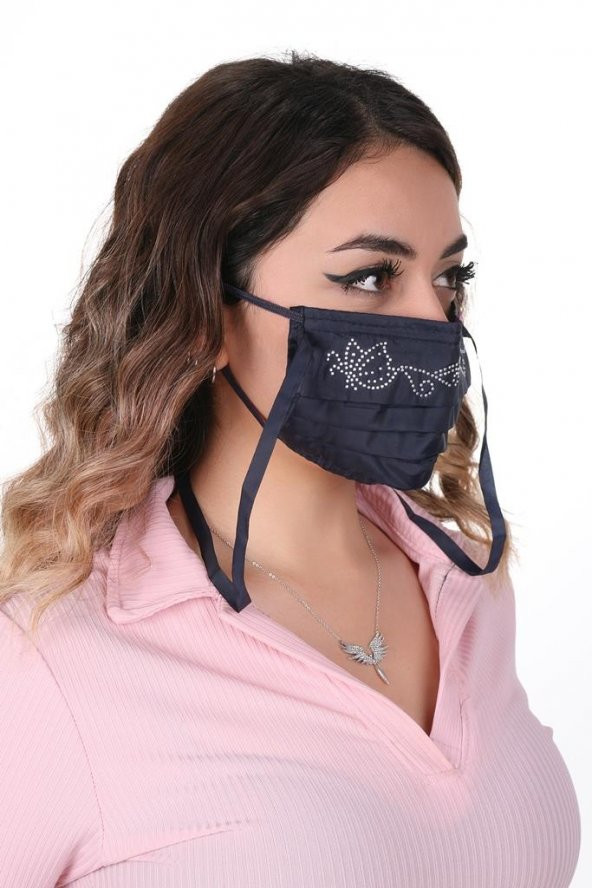 Gümüş İyonlu Boyundan Askılı Yıkanabilir Taşlı Maske T-5 - 7