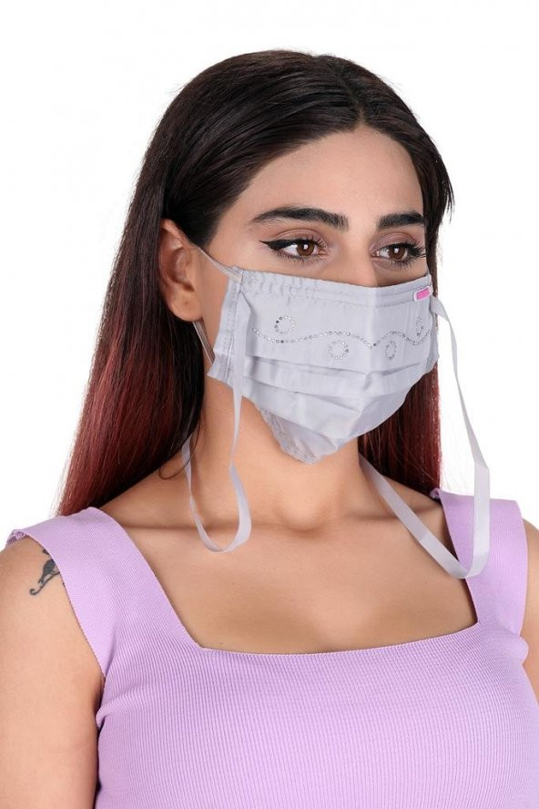 Gümüş İyonlu Boyundan Askılı Yıkanabilir Taşlı Maske T-3 - 5