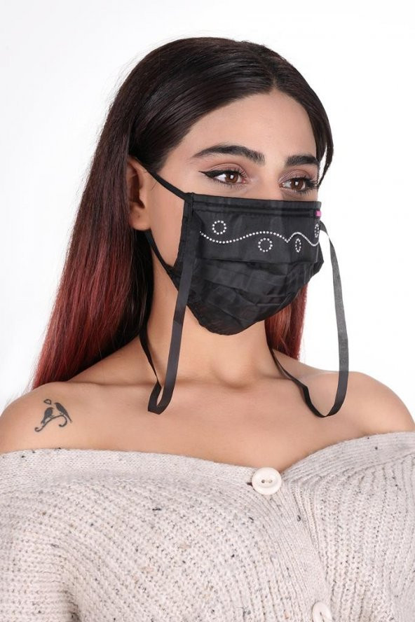 Gümüş İyonlu Boyundan Askılı Yıkanabilir Taşlı Maske T-3 - 11