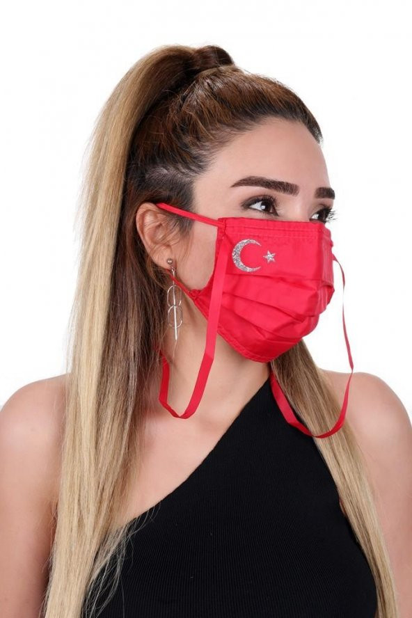 Gümüş İyonlu Boyundan Askılı Yıkanabilir Baskılı Maske A-1B - Bayraklı - 8