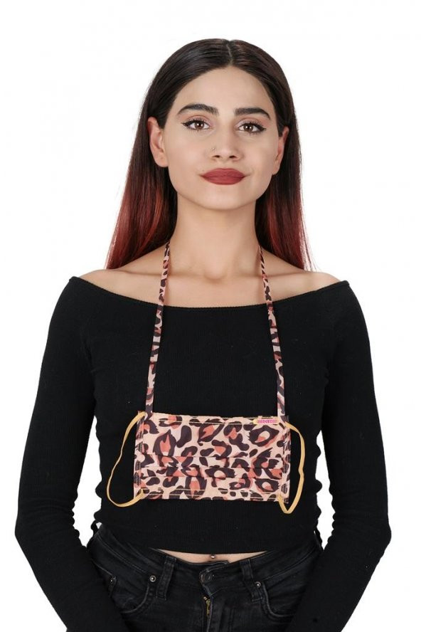 Gümüş İyonlu Boyundan Asklı Yıkanabilir Leopar Deseneli Maske - 4