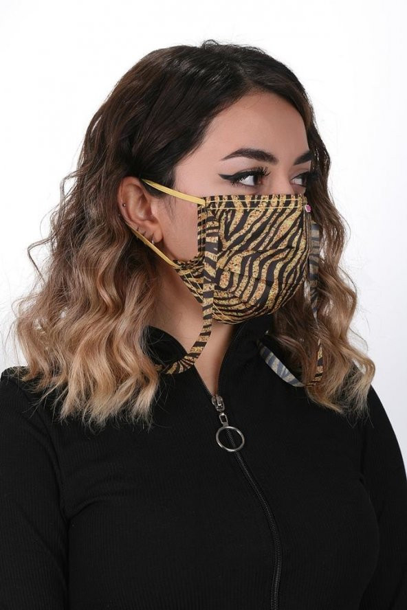Gümüş İyonlu Boyundan Askılı Yıkanabilir Zebra Desenli Maske - 2