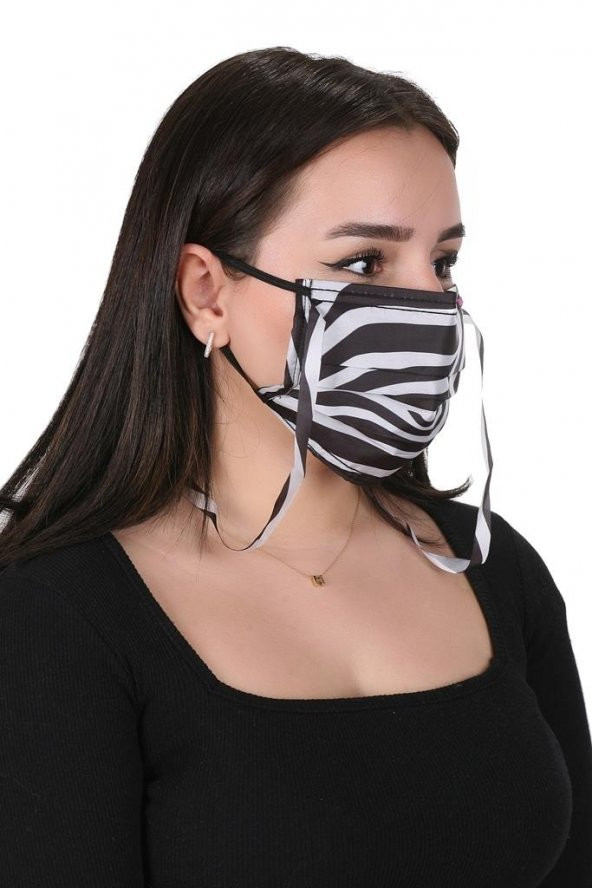 Gümüş İyonlu Boyundan Askılı Yıkanabilir Zebra Desenli Maske - 3