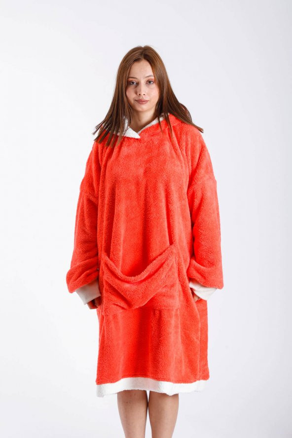 Kadın / Erkek Sıcak Giyilebilir Battaniye Welsoft Kanguru Cepli Kuzu Peluş Detaylı Kapşonlu