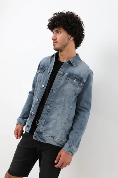 Erkek Likralı Jean Ceket Mavi - 3