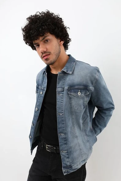 Erkek Likralı Jean Ceket Mavi - 4