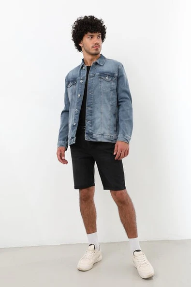 Erkek Likralı Jean Ceket Mavi - 8