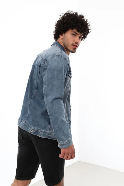 Erkek Likralı Jean Ceket Mavi - 7