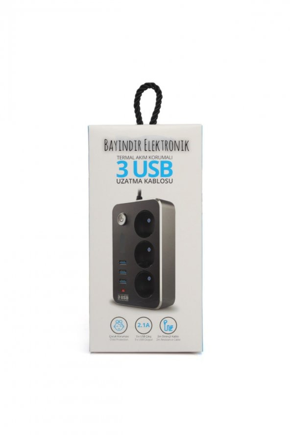 Akım Korumalı 3 Port Usb Çoklu Grup Priz 2 Metre Kablo 2.1 A - 3