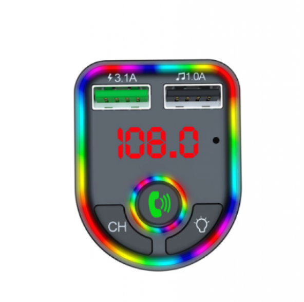 RGB Işıklı Bluetooth Araç Kiti FM Transmitter 2 x USB 3.1A QC Şarj