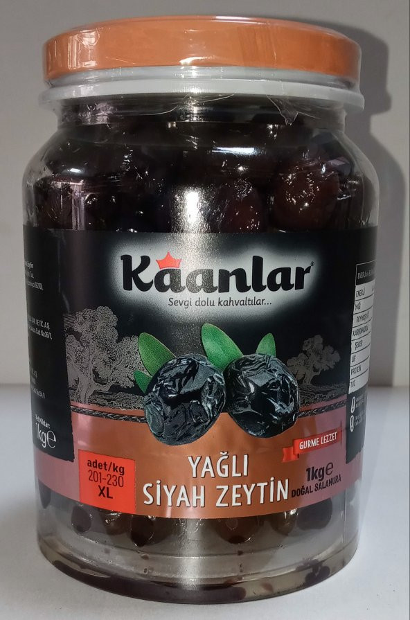 KAANLAR Doğal Salamura Yağlı Siyah Zeytin 201-230 KLB 1 kg PET AMBALAJ