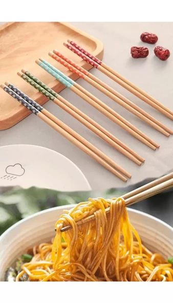 5 Çift Bambu Desenli Yıkanabilir Kore Çin Çubuğu El Yapımı Doğal Ahşap Sushi Çubuk Makarna Çubuğu