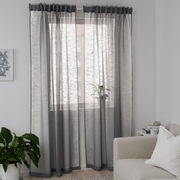 Tül Perde-2 Kanat, MeridyenDukkan Koyu Gri Renk 145x300 cm Çizgili Model - 2