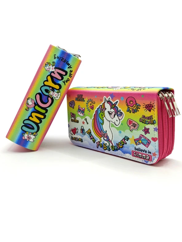 Cool Gözlüklü Unicorn Kawai Organizer Kalem Kutusu Kalemkutu Üç Bölmeli Kalemlik -Pembe ürün görseli