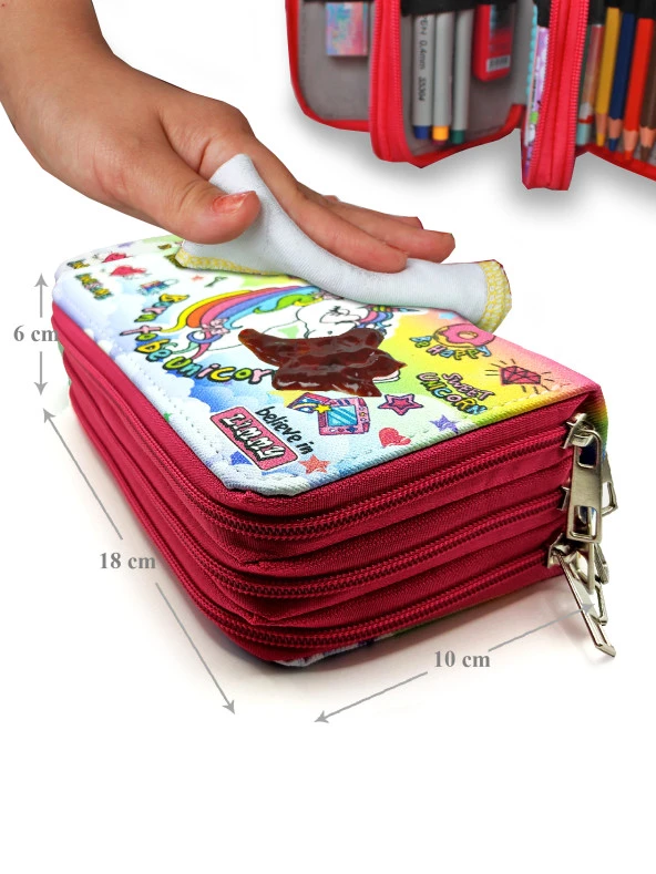 Cool Gözlüklü Unicorn Kawai Organizer Kalem Kutusu Kalemkutu Üç Bölmeli Kalemlik -Pembe - Resim 3