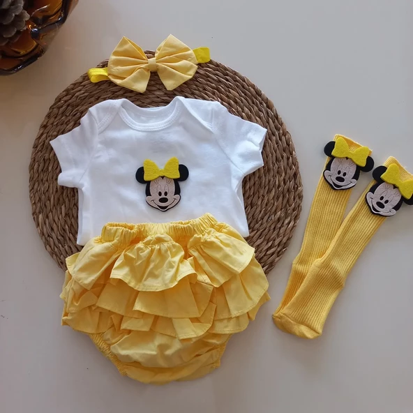 MARS BABY Kız Bebek Sarı Fırfırşort Etek Bandana Minnie Mouse Figürlü Çorap Set