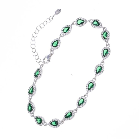 Yeşil Zirkon Taşlı Damla Model-2 925 Ayar Gümüş Kadın Bileklik ürün görseli 1