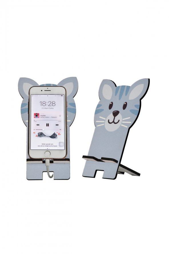 Kedi Tasarım Ahşap Telefon Standı