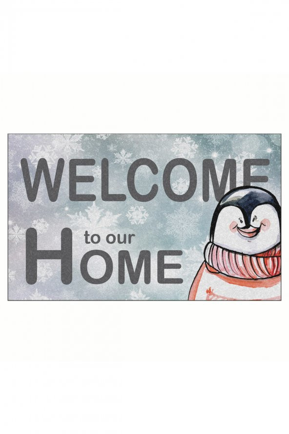 Yılbaşı Welcome Penguen Tasarım Kapı Önü ve Ev İçi Paspas 45x75 cm