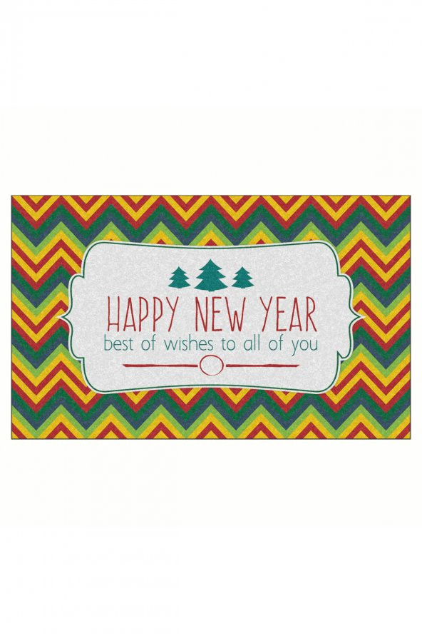 Yılbaşı Happy New Year Zigzag Tasarım Kapı Önü ve Ev İçi Paspas 45x75 cm