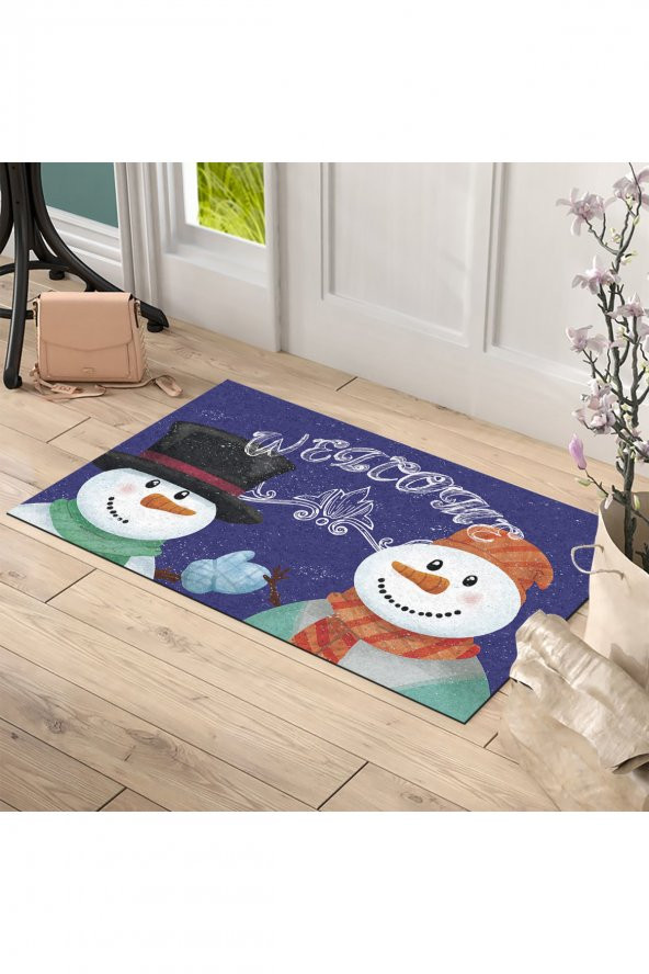 Yılbaşı Welcome Kardan Adamlar Tasarım Kapı Önü ve Ev İçi Paspas 45x75 cm - 2